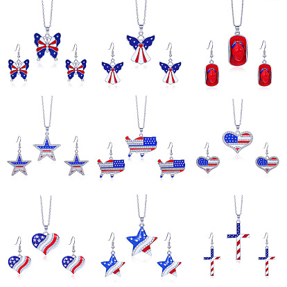 Комплекты ожерелий и серег с подвесками из цинкового сплава, эмали и страз ко Дню независимости, платина