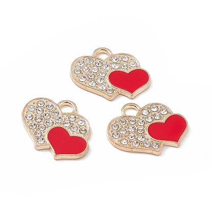 Alloy Crystal Rhinestone Pendants, with Enamel, Double Heart Charms, Light Gold