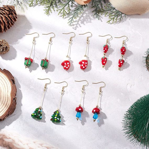 5 пары сережек-подвесок из латуни и стекла на рождественскую тематику, разнообразные