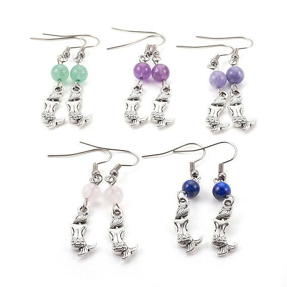 Болтаться серьги природный драгоценный камень, с крючками для серьги из сплава и 304 нержавеющей стали, русалка, старинное серебро и цвет нержавеющей стали