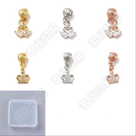 6Pcs 6 Style Rack Plating Brass Micro Pave Clear Cubic Zirconia Pendants, Long-Lasting Plated, Cadmium Free & Lead Free, Swan & Crown
