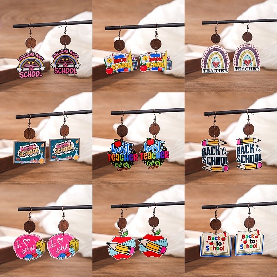Деревянные серьги-подвески с принтом ко Дню учителя.