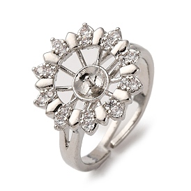 Оправы для колец-манжет из цветочной латуни с микропаве из прозрачного кубического циркония, за половину пробурено бисера, без кадмия и без свинца