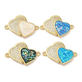 Rack Plating Brass Micro Pave Clear Cubic Zirconia Connector Charms, Double Heart Links with Synthetic Opal, Real 18K Gold Plated, Cadmium Free & Lead Free, Long-Lasting Plated