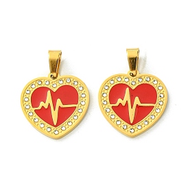Ion Plating(IP) 304 Stainless Steel Pendants, with Enamel and Rhinestone, Real 18K Gold Plated, Heart with Heartbeat Charm