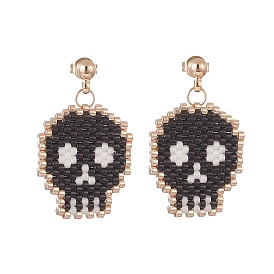Handmade Japanese Seed Braided Skull Dangle Stud Earrings, Golden Brass Jewelry for Women