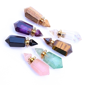 Natural Gemstone Perfume Bottle Pendants, Golden, Faceted Bottle Charms