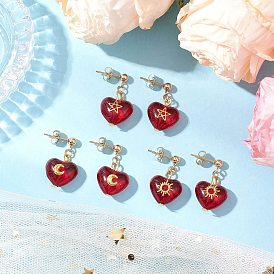 3пара латунных стеклянных сережек-гвоздиков, сердце с рисунком звезды, солнца и луны, золотые