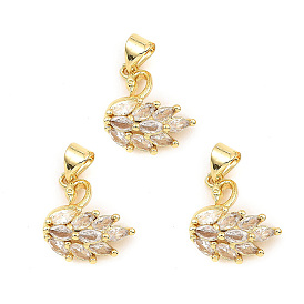 Rack Plating Real 18K Gold Plated Brass Pendants, with Cubic Zirconia, Long-Lasting Plated, Lead Free & Cadmium Free, Swan