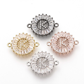 Brass Micro Pave Cubic Zirconia Links, Flat Round with Initial Letter