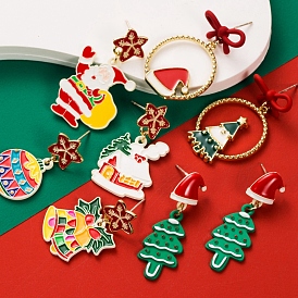 Émail en alliage balancent boucles d'oreille, boucles d'oreilles asymétriques de Noël pour femme, avec broches en argent sterling