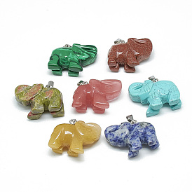 Gemstone Pendants, with Stainless Steel Snap On Bails, Elephant