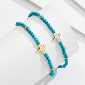 925 Sterling Silver Anklets, Synthetic Turquoise Beads Anklet, Cross