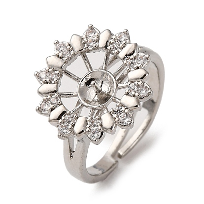 Оправы для колец-манжет из цветочной латуни с микропаве из прозрачного кубического циркония, за половину пробурено бисера, без кадмия и без свинца