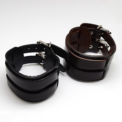 Trendy Retro Unisex Punk Rock Style Wide Leather Cord Wristband Bracelets, with Iron Watch Band Clasps, 280x50x5mm