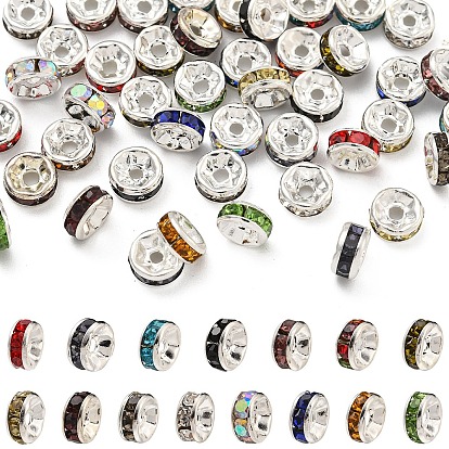 60шт 15 цветные латунные бусины со стразами, класс А, прямой фланец, серебряный цвет гальваническим, рондель