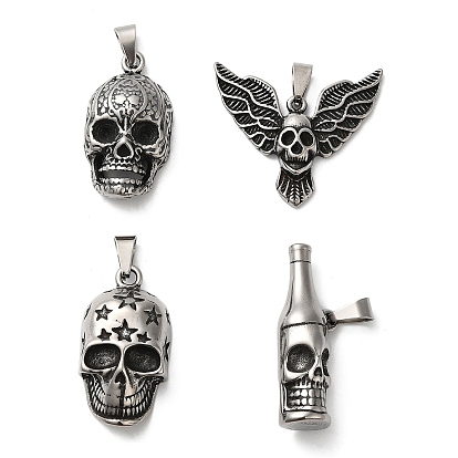 Titanium Steel Pendants, Antique Silver, Skull Bird/Bottle & Skull Charm
