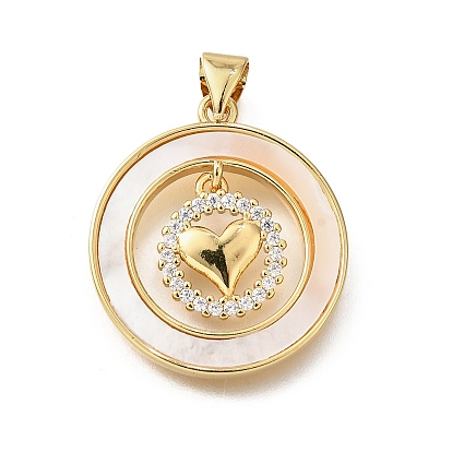 Подвески в форме ракушек из латуни с микропаве и кубическим цирконием, без кадмия и без свинца, круглые с сердцем