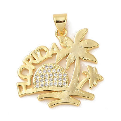 Rack Plating Brass Micro Pave Cubic Zirconia Pendants, Long-Lasting Plated, Cadmium Free & Lead Free, Coconut Tree