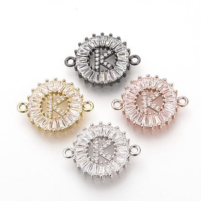 Brass Micro Pave Cubic Zirconia Links, Flat Round with Initial Letter