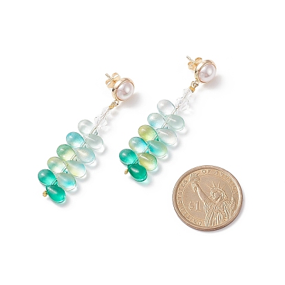 Glass Beaded Leaf Long Dangle Stud Earrings with Imitation Pearl, Gold Plated Brass Jewelry for Women