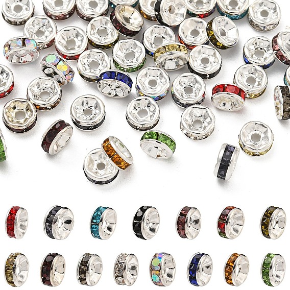60шт 15 цветные латунные бусины со стразами, класс А, прямой фланец, серебряный цвет гальваническим, рондель