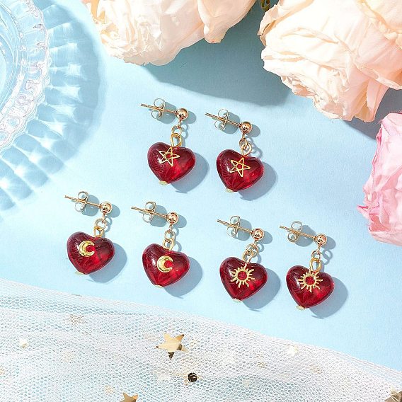 3пара латунных стеклянных сережек-гвоздиков, сердце с рисунком звезды, солнца и луны, золотые