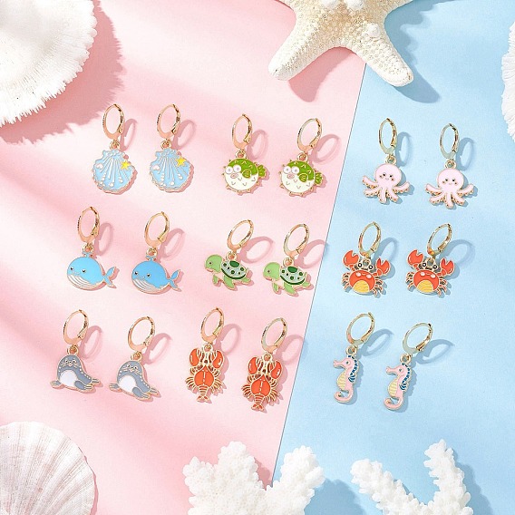 9пара серег-подвесок из сплава с эмалью, океанские животные, разнообразные