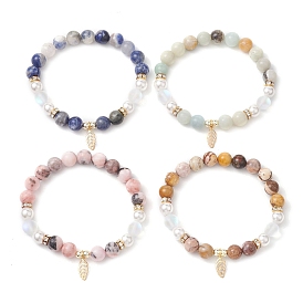 Bracelets extensibles en perles de pierres précieuses rondes de 1 mm, feuille 8.5 bracelets à breloques en acier inoxydable pour femmes