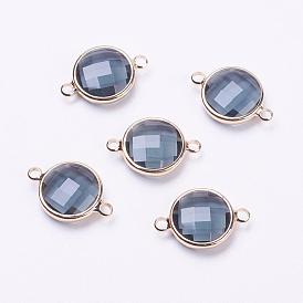 Glass Links Connectors, with Brass Findings, Faceted, Flat Round, Light Gold
