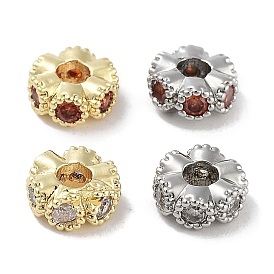 Brass Micro Pave Cubic Zirconia Beads, Real 18K Gold Plated/Platinum, Flat Round