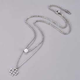 304 Stainless Steel Tiered Necklaces, Double Layer Necklaces, with Plastic Imitation Pearl Beads and Lobster Claw Clasps, Cross