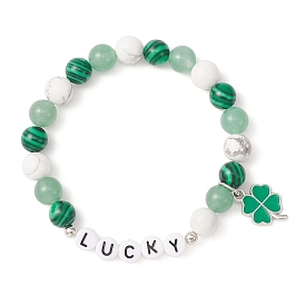 Natural & Synthetic Mixed Gemstone Beaded Stretch Bracelets, Acrylic Word Lucky Bracelet with Alloy Enamel Clover Charms for Saint Patrick's Day
