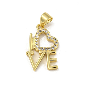 Brass Micro Pave Cubic Zirconia Pendants, with Word LOVE Charms