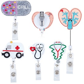 Gorgecraft 5Pcs 5 Style Medical Theme Cloth Retractable Badge Reel, Card Holders, with Stainless Steel Snap Buttons, ABS ID Badge Holder Retractable for Nurses