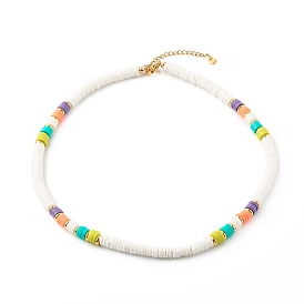 Beaded Necklaces, with Polymer Clay Heishi Beads, Natural White Shell Beads and Brass Beads, Colorful