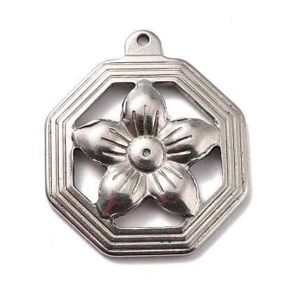 304 Stainless Steel Pendants, Polygon with Flower