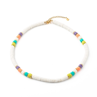 Beaded Necklaces, with Polymer Clay Heishi Beads, Natural White Shell Beads and Brass Beads, Colorful