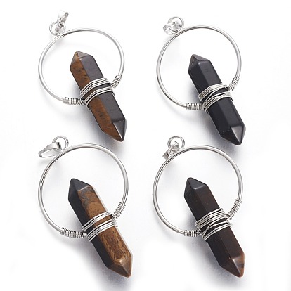 Gemstone Big Double Terminated Pointed Pendants, with Brass Findings, Bullet, Platinum