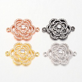 Flower Brass Micro Pave Cubic Zirconia Links, 18x25.5x5mm, Hole: 1.5mm