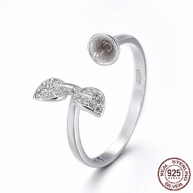 925 Sterling Silver Cuff Rings, Design Ring Mounts Fittings with Pearl Seat, For Half Drilled Beads, with Cubic Zirconia, Leaf, with 925 Stamp