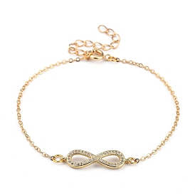Brass Micro Pave Clear Cubic Zirconia Links Bracelets, with Spring Ring Clasps, Infinity