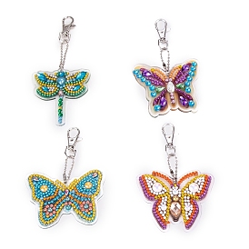 Kits de porte-clés pendentif papillon et libellule en diamant acrylique, avec les accessoires en fer, y compris plaque de perçage à pointe, boue de forage ponctuelle, stylo à pointe, chaîne de boule, fermoir pivotant