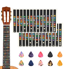 2 Sheets Guitar Fretboard Stickers with 10Pcs Imitation Shell Guitar Picks, Coded Note Decals, Fingerboard Frets Map Sticker for Beginner Learner Practice Fit 6 Strings Acoustic Electric Guitars