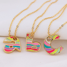 Copper Plated Real Gold Dripping Oil Rainbow 26 Alphabet Pendant Necklace