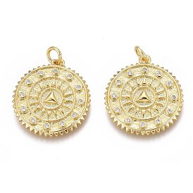 Brass Micro Pave Clear Cubic Zirconia Pendants, Long-Lasting Plated, Real 18K Gold Plated, With Jump Rings, Flat Round with Sun