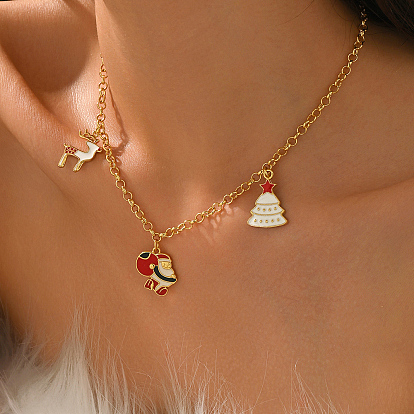 Женские ожерелья с подвеской в виде оленя Санта-Клауса и рождественской елки из латуни и эмали, белый и красный