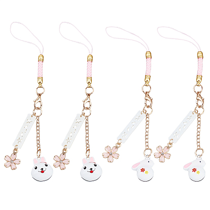 4Pcs 2 Style Alloy Mobile Accessories Decoration, Polyester Rope, with Brass & Iron Finding, Resin Pendant, Flower and Rabbit