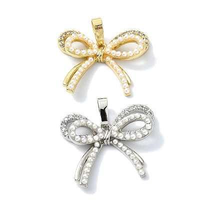 Подвески из кубического циркония с покрытием из латуни, с пластиковой имитационной жемчужиной, бантом, долговечный, без свинца и без кадмия