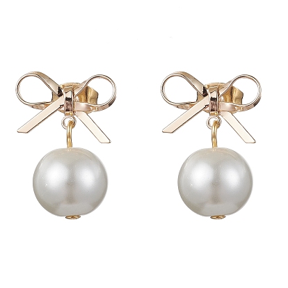 Brass Bowknot Dangle Stud Earrings, with Shell Pearl for Women